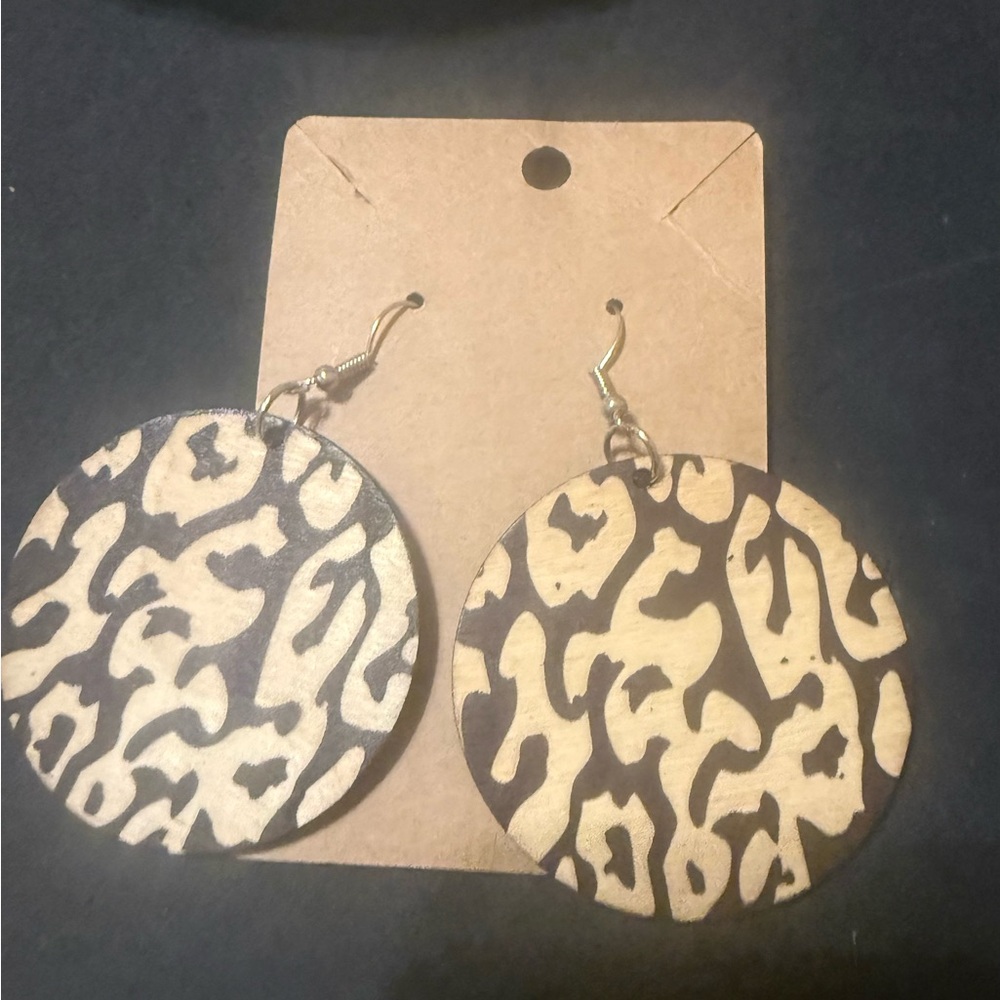 Leopard Print Round Wood Earrings